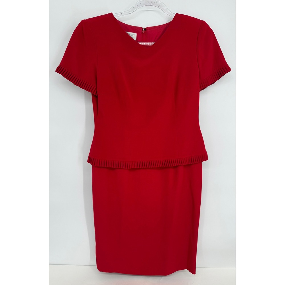 Vintage Maggy London Petites Red V-Neck Pleated Trim Peplum Sheath Dress Sz 4P